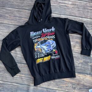 Romwe New York Graphic Hoodie Black Pullover Racing Car Print Unisex Size Large